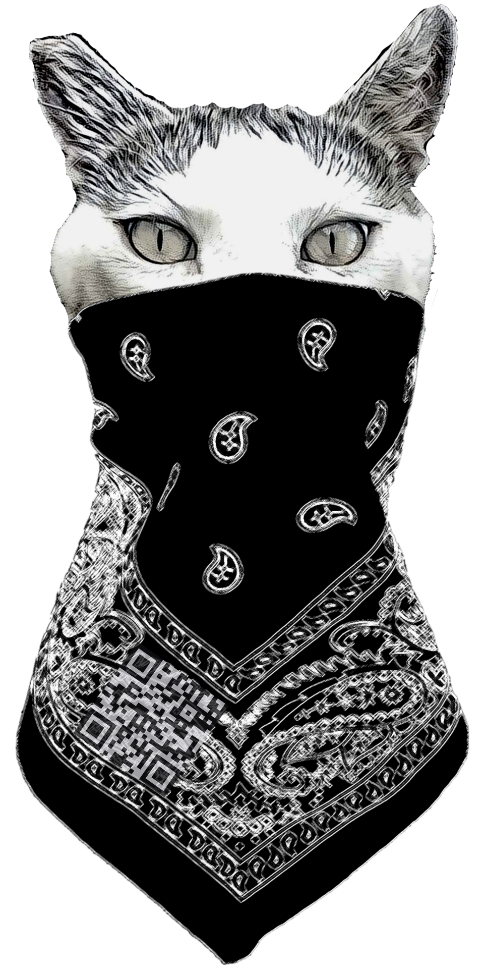 The sticker: a cat wearing a paisley bandana with a QR code printed in it